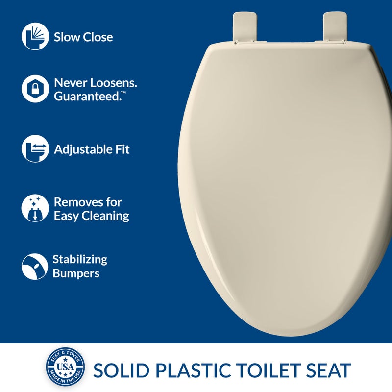 Bemis Aurora Slow Close Toilet Seat, Easy Clean Hinges and Adjustable Perfect Fit Plastic Seat, Made in USA, Elongated, Almond - Image 2